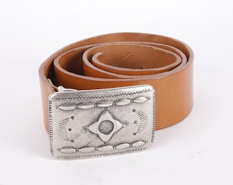 Vintage Cognac Full Grain Bohemian Decoration Pressed Leather Western Belt Genuine Leather Real Leather Square Steel Buckle