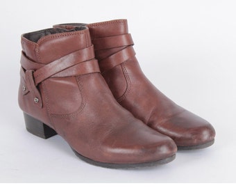 US9.5 Vintage Brown Booties Belted Buckle Zipper Medium Heel Leather Zip Up Boots for Women size EU40 UK7.5 US9.5