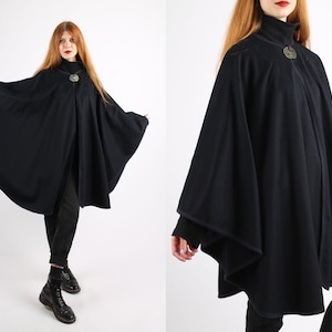 1970s Vintage Black Steinbock Poncho Wool Loden Winter Overcoat Greatcoat Coat for Women