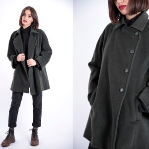 1970s Vintage Green Olive Wool Victorian Lining Greatcoat Overcoat Autumn Winter for Women