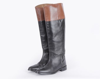 Vintage ZARA Leather Riding Boots: Black & Cognac, US 6.5