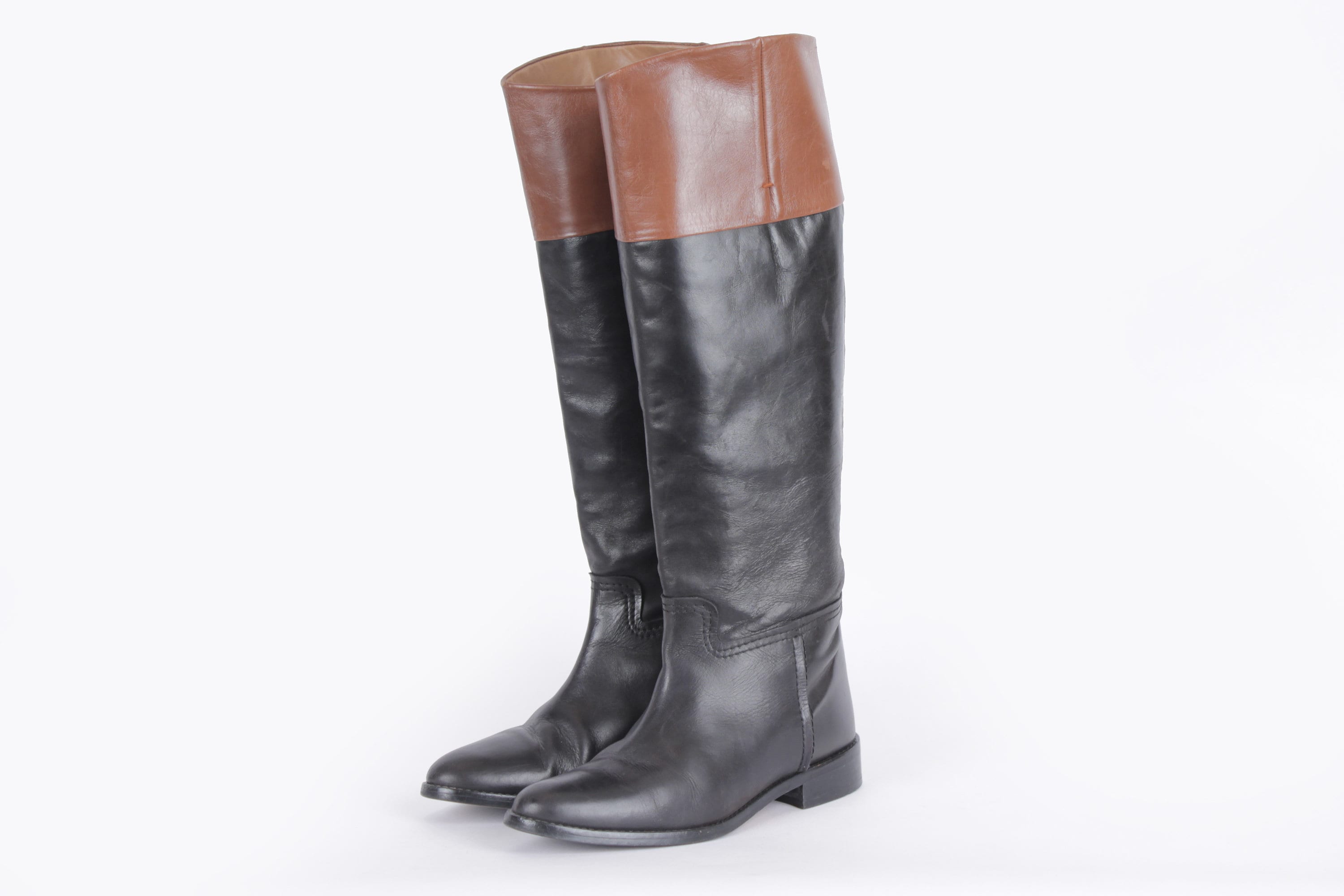 US6.5 Hoge leren laarzen ZARA Pull On Black Cognac Kleine Hak - Etsy  Nederland