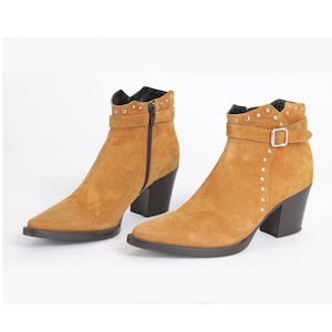 Vintage Yellow Suede Ankle Booties: Leather Buckle Boots, US7 / EU37.5
