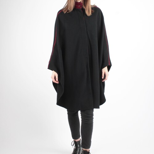 1970s shops Vintage Black Purple Poncho Wool Loden Winter Overcoat Greatcoat Coat for Women