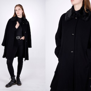 1970s Vintage Black Cashmere Winter Coat Wool Autumn Overcoat Topcoat Greatcoat Jacket for Women