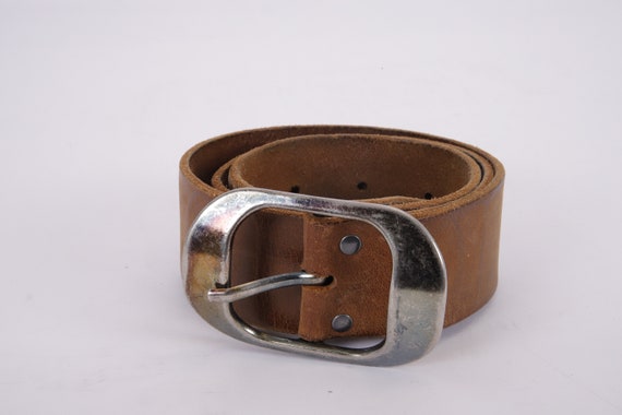 Vintage Brown Leather Belt with Illustrated Oval Buckle SOLID Leather Belt With Antique Buckle. Western Cowboy Style  main image 4