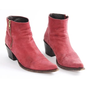 Vintage Pink Leather Ankle Boots: Pointy Toe Block Heel (US 9.5, EU 40)