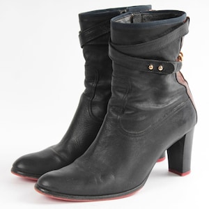 US8 Vintage Black Ankle Boots Leather Floris Belted Booties Classy Chains for Women size EU 38.5 UK 6 US 8