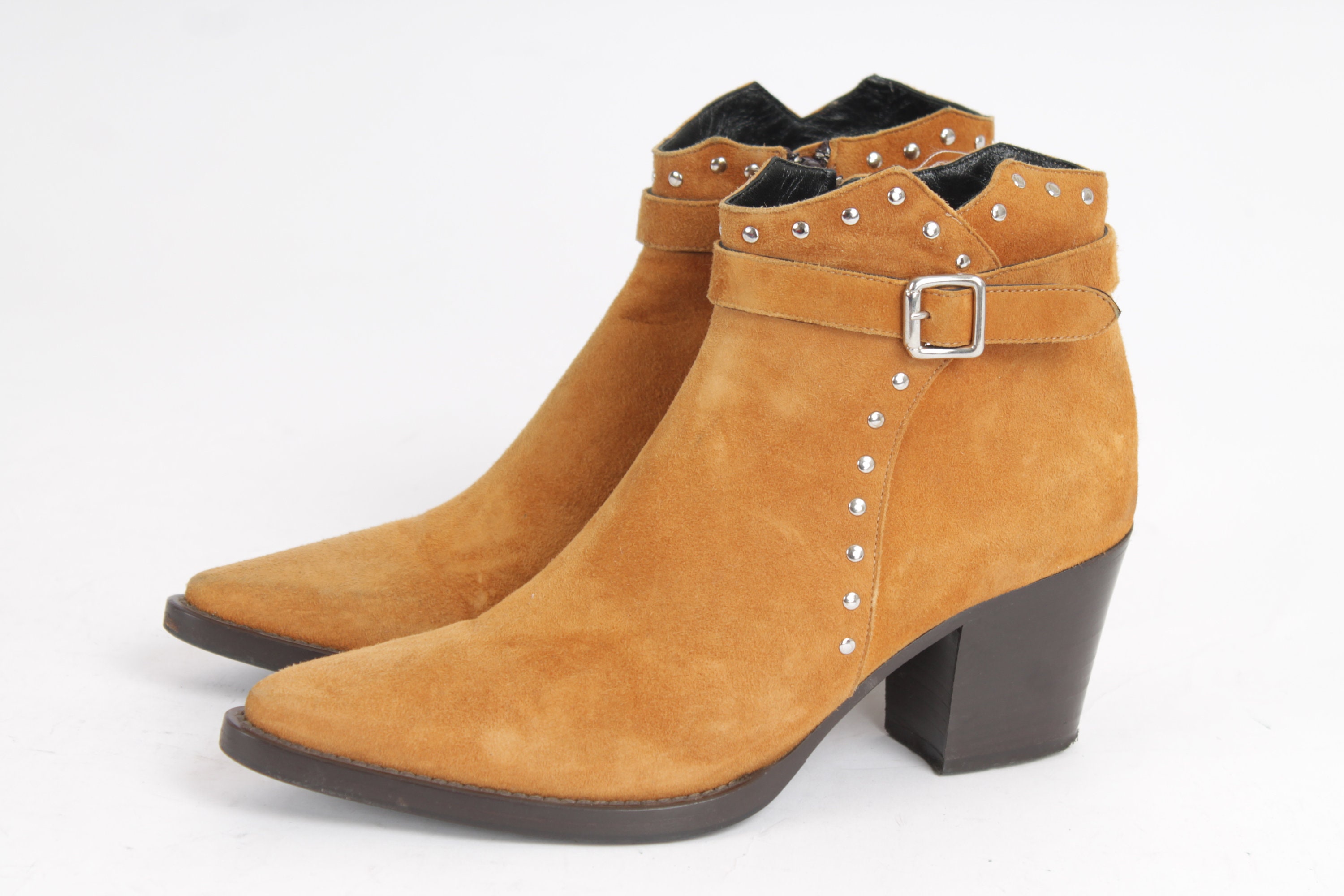 【COLOR iN ID】Amer strap suede boots US7 Vintage Yellow Suede Belted Buckle Booties Leather