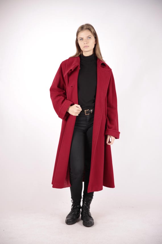 Vintage Crimson Red Wool Blend Long Coat, Stand Collar Button Front, Women’s M/L