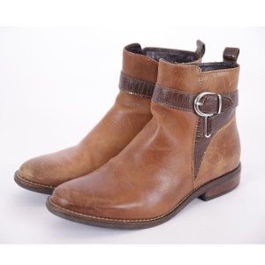 US8 vintage cognacbruine gordel kleine hakken gesp rits lederen elegante enkellaarsjes voor vrouwen maat EU38 UK 6 US 8