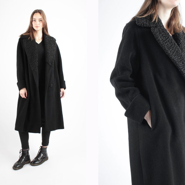 Années 1980 vintage Noir Grand Col Loden Manteau d’hiver Laine d’hiver Trench Topcoat Greatcoat Veste pour femmes