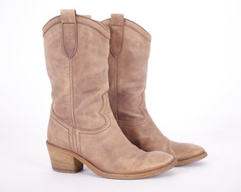 Vintage Leather Western Booties - Light Brown Pull On Boots (EU37 / UK4.5 / US6.5)