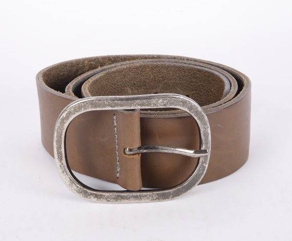 Vintage Brown Leather Belt with Illustrated Oval Buckle SOLID Leather Belt With Antique Buckle. Western Cowboy Style  main image 2