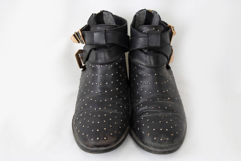 US7.5 Vintage Black Pepe Jeans Leather Belted Hippie Festival Boots for Women size EU38 UK5.5 US7.5