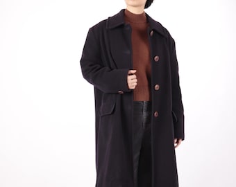 Abrigo de lana vintage de los años 70: Chaqueta de abrigo marrón y negro - Talla S