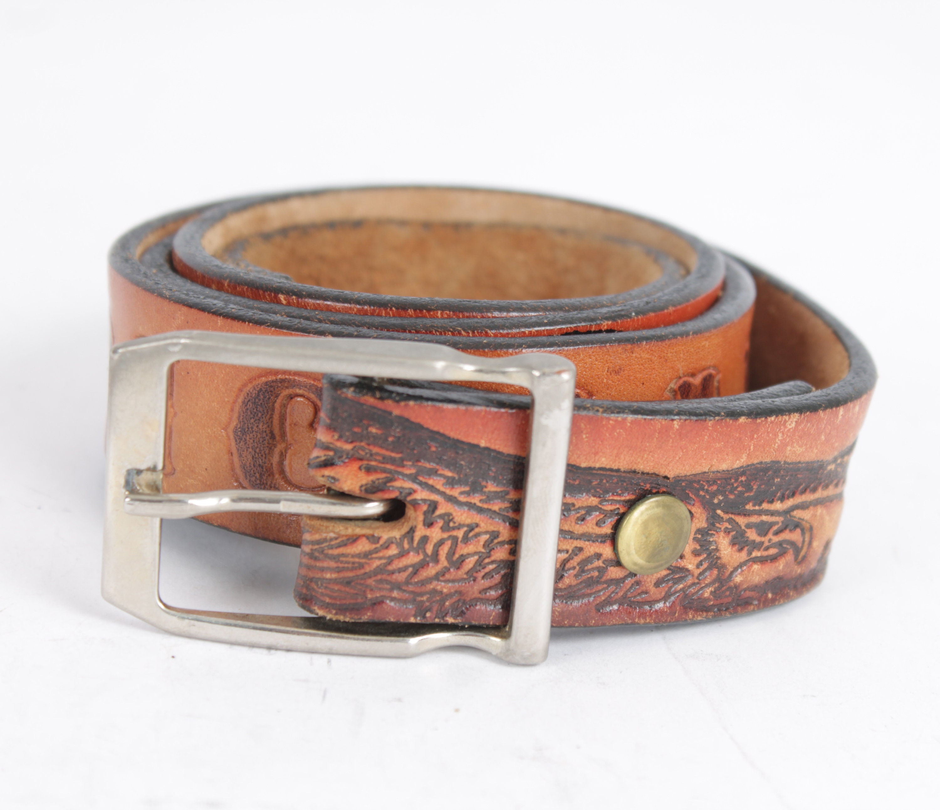 Vintage Cognac Leather Cowboy Belt: Full Grain Print, Steel 