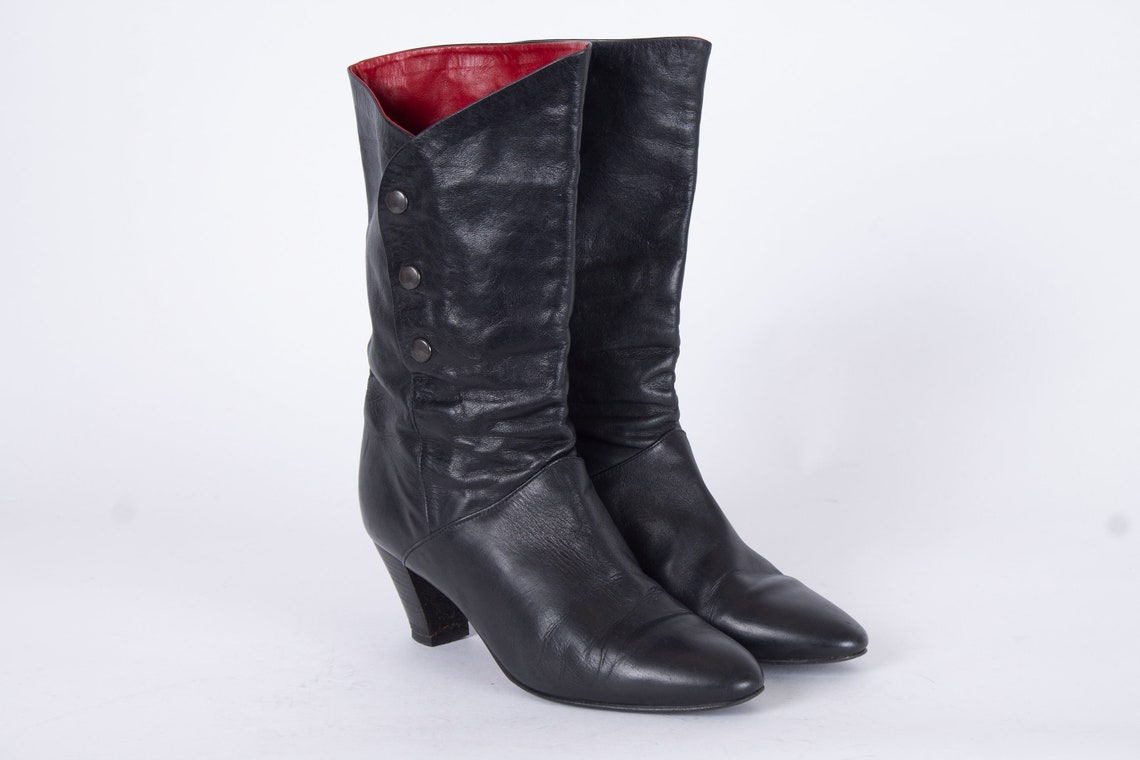 Vintage Black Leather Ankle Boots, Side Snap Buttons, EU 38 / US 7.5, foto 4 di 5