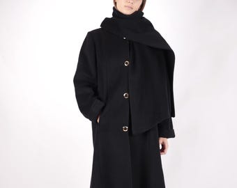 1970s Vintage Scarfed Black Winter Coat Wool Overcoat Topcoat Greatcoat Jacket for Women