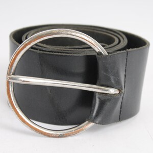 Vintage Black Leather Waist Belt Round Ring Studded Sturdy Full Grain Dress Belt Steel Circle Buckle