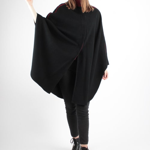 1970s shops Vintage Black Purple Poncho Wool Loden Winter Overcoat Greatcoat Coat for Women
