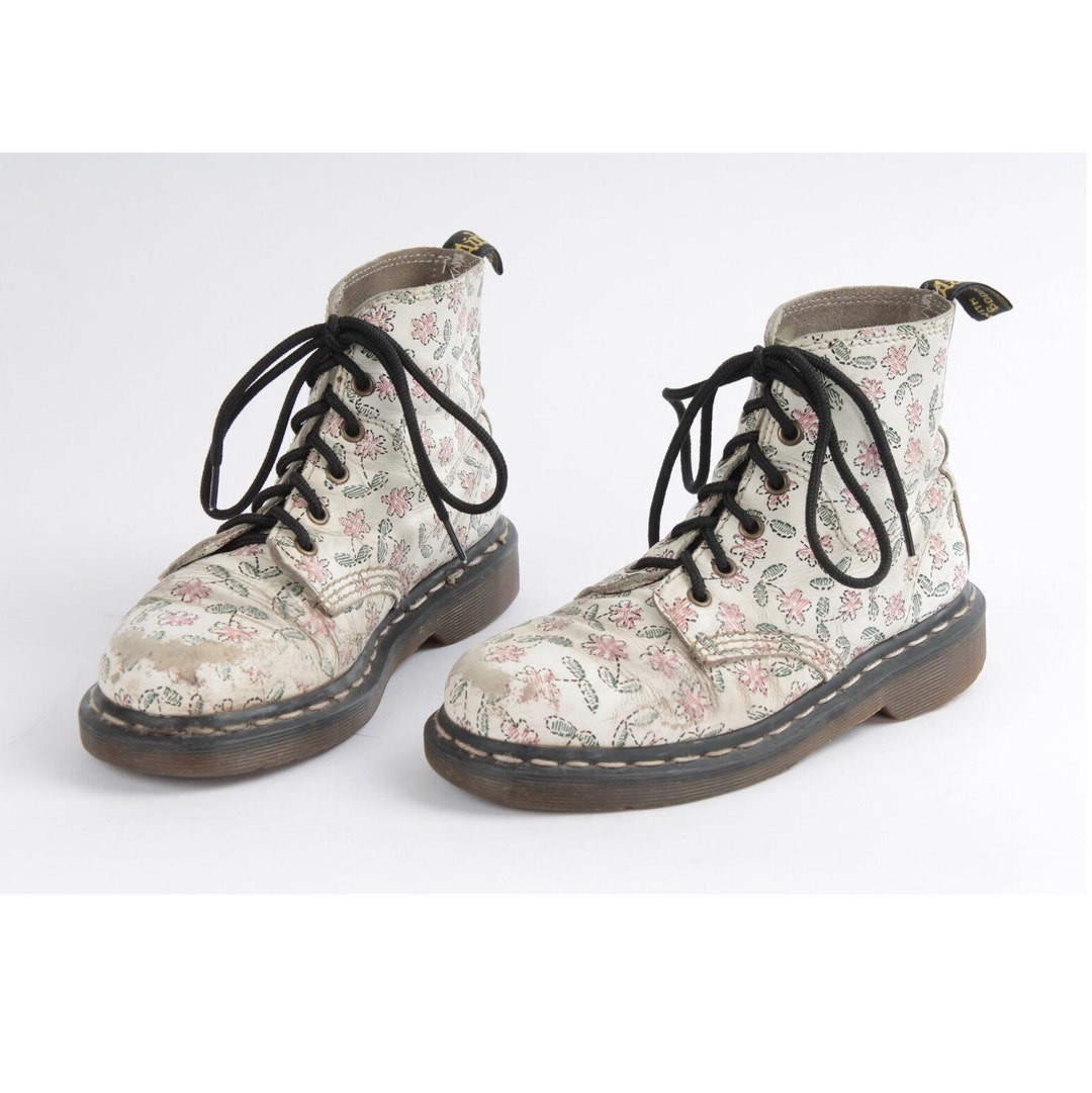 Rare White Dr Martens Boots 14-Eyelet White Pink Orange Floral