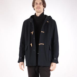 1970s Vintage Wool Duffel Coat: Dark Marine Blue Hooded Winter Coat, Men&#39;s Size L