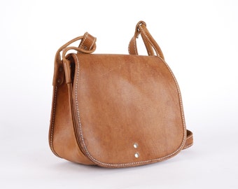 Vintage Cognac Bohemian Genuine Leather Bag Shoulder Bag and Crossbody Bag Purse Bag 70s Leather Bag