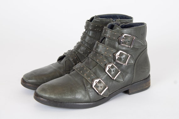 US8.5 Vintage 90s Green Suede Leather Elegant Ankle Boots for Women size EU39 UK6.5 US8.5