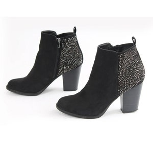 US7.5  Vintage Black Faux Suede Block Heel Sequin Studded Zipper Festival Boots for Women size EU 38 UK 5.5 US 7.5