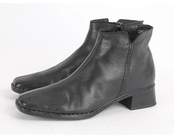 US7.5 Black Ankle Boots Wide Nose Leather Booties Zipper size EU38 US7.5 UK5.5