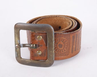 Vintage Cognac Full Grain Bohemian Decoration Pressed Leather Western Belt Genuine Leather Real Leather Square Steel Buckle