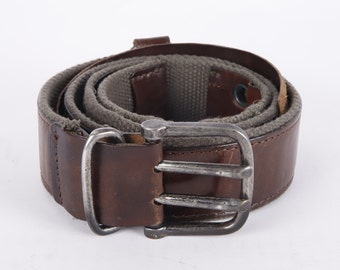 Vintage Brown Two Forked Sturdy Brown Leather Belt Genuine Thick Leather Canvas Steel Buckle