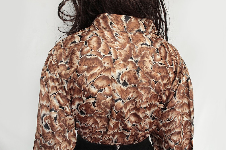70s Vintage Blouse Button Up Bohemian Floral Brown Burned Orange Patterned Blouse for Women