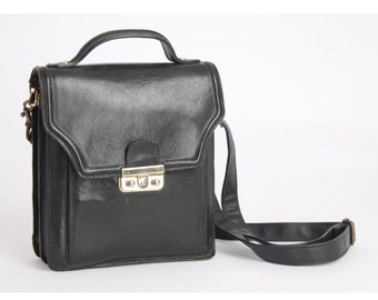Vintage noir sac en cuir véritable sac à bandoulière et sac à bandoulière petit voyageur Messenger sac à main 80 s sac en cuir