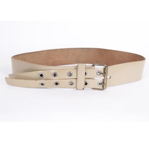 Vintage White Beige Faux Double Tongue Elvis Vegas Leather Belt Belt Double Strap Steel Roller Buckle