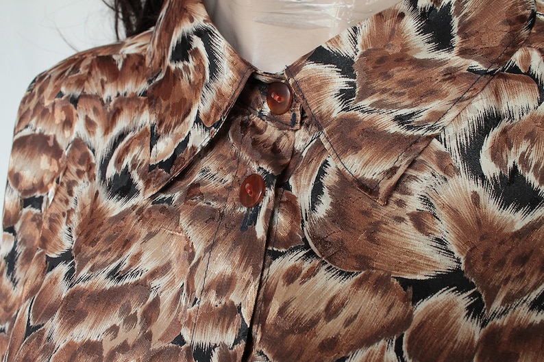 70s Vintage Blouse Button Up Bohemian Floral Brown Burned Orange Patterned Blouse for Women