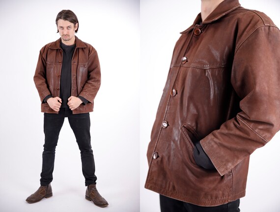 vintage leather jacket ライトブラウン 1970s Vintage Brown Leather Jacket Coat Leather Winter Longcoat
