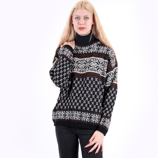 70s Vintage Unique Black White  Decorated Icelandic Sweater