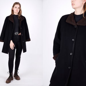 1970s Vintage Black Brown Winter Coat Wool Autumn Overcoat Topcoat Greatcoat for Women