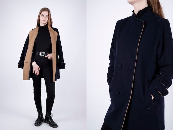 1970s Vintage Dark Blue Wool Cashmere Greatcoat O… - image 1