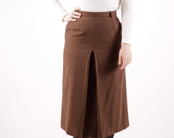 80s Vintage Classic Pleated Maxi Long Wool Brown High Waist Skirt