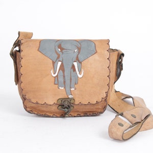 Vintage Cognac Bag Bohemian Elephant Genuine Leather Bag Shoulder and Crossbody Purse 70s