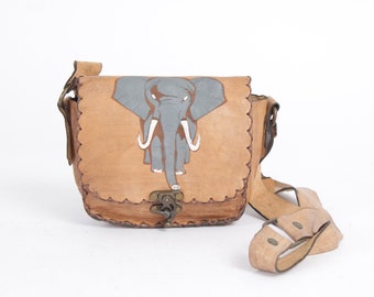 Vintage Cognac Bag Bohemian Elephant Genuine Leather Bag Shoulder and Crossbody Purse 70s