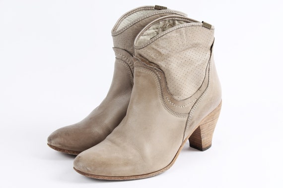 US8.5 Vintage Cream Beige Booties Leather Elegant Ankle Boots Women Size EU 39 UK 6.5 US 8.5