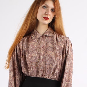 70s Vintage Paisley Button-Down Blouse: Bohemian Print Top