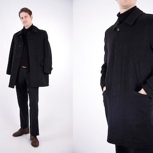 1970s Vintage Black Dark Grey Coat Steinbock Austrian Loden Wool Winter Autumn Longcoat Topcoat Greatcoat for Men