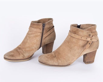 US11.5 Vintage Suede Beige Booties Leather Straps Ankle Boots for Women size EU42 UK9.5 US11.5