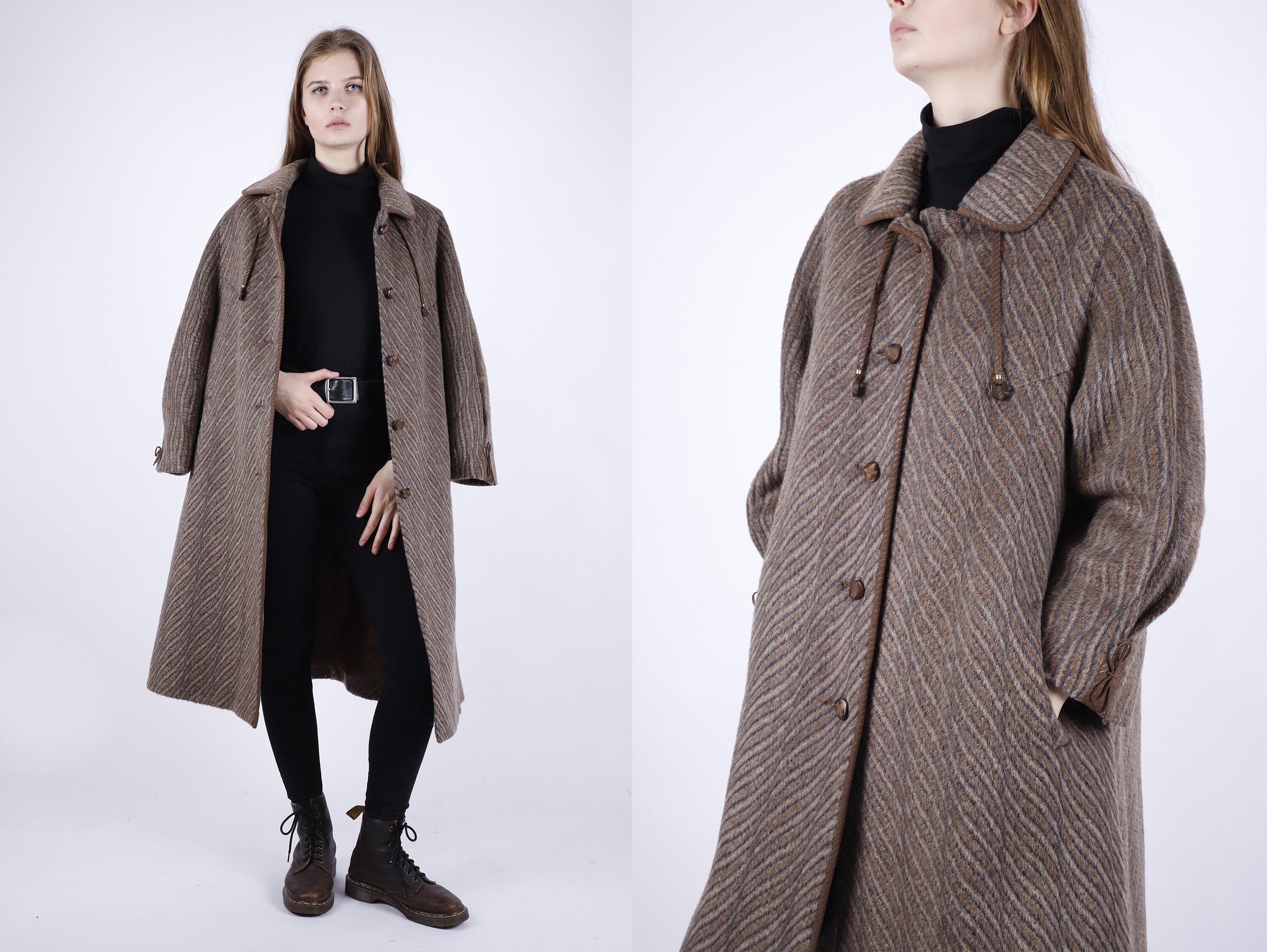 1980s Vintage Brown Beige Mohair Winter Autumn Coat Overcoat