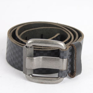Vintage Black Leather Cowboy Belt Checkered Pressed Rockstar Sturdy Full Western Grain Belt Steel Buckle